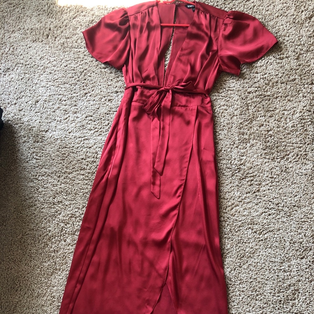 Silky Rust Color Front Plunge Open Back Wrap Dress - image 1